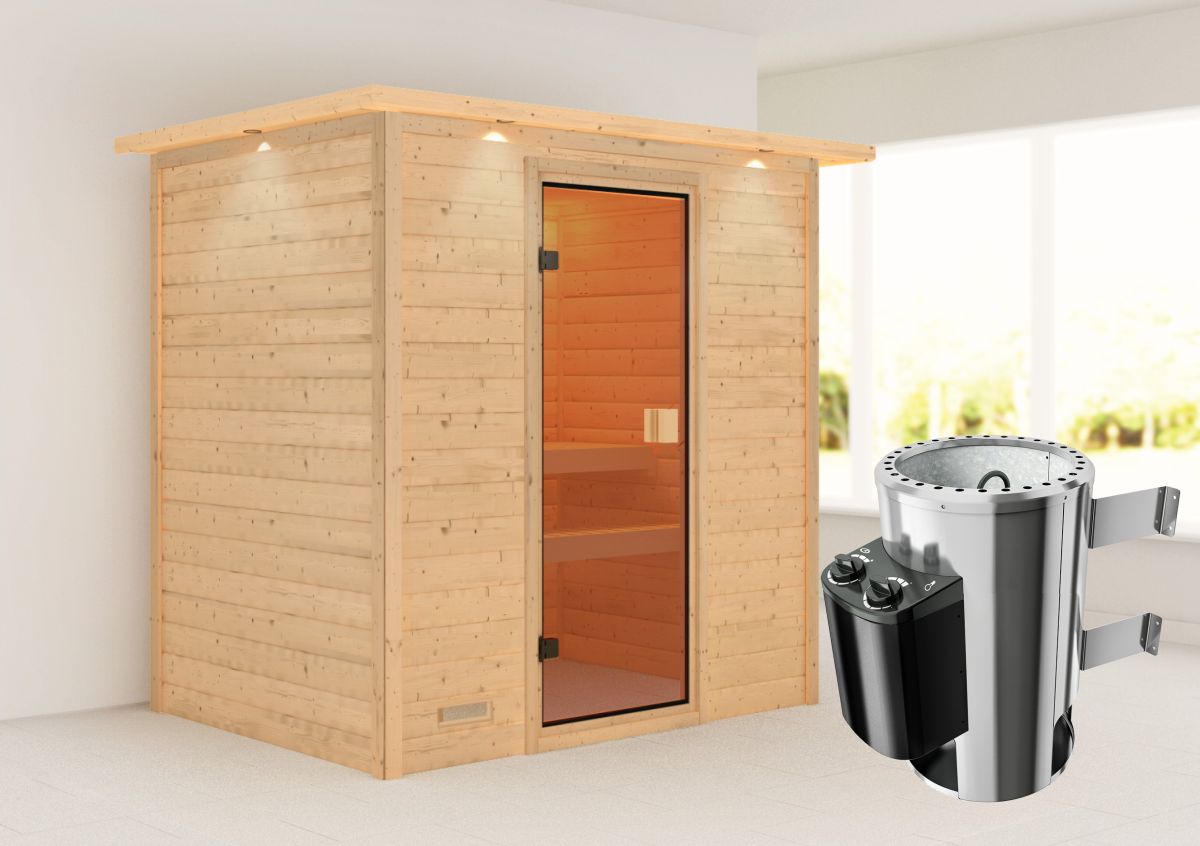Karibu Sauna Selena - 195 x 145 cm, 38 mm Massivholz mit Kranz | PnP-Ofen mit integr. Steuerung