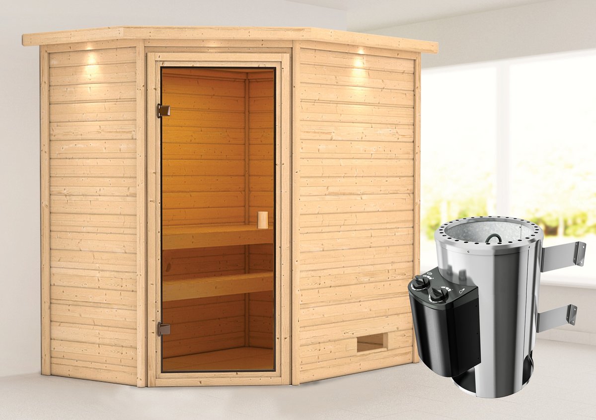 Karibu Sauna Jella - 195 x 145 cm, 38 mm Massivholz mit Kranz | PnP-Ofen mit integr. Steuerung