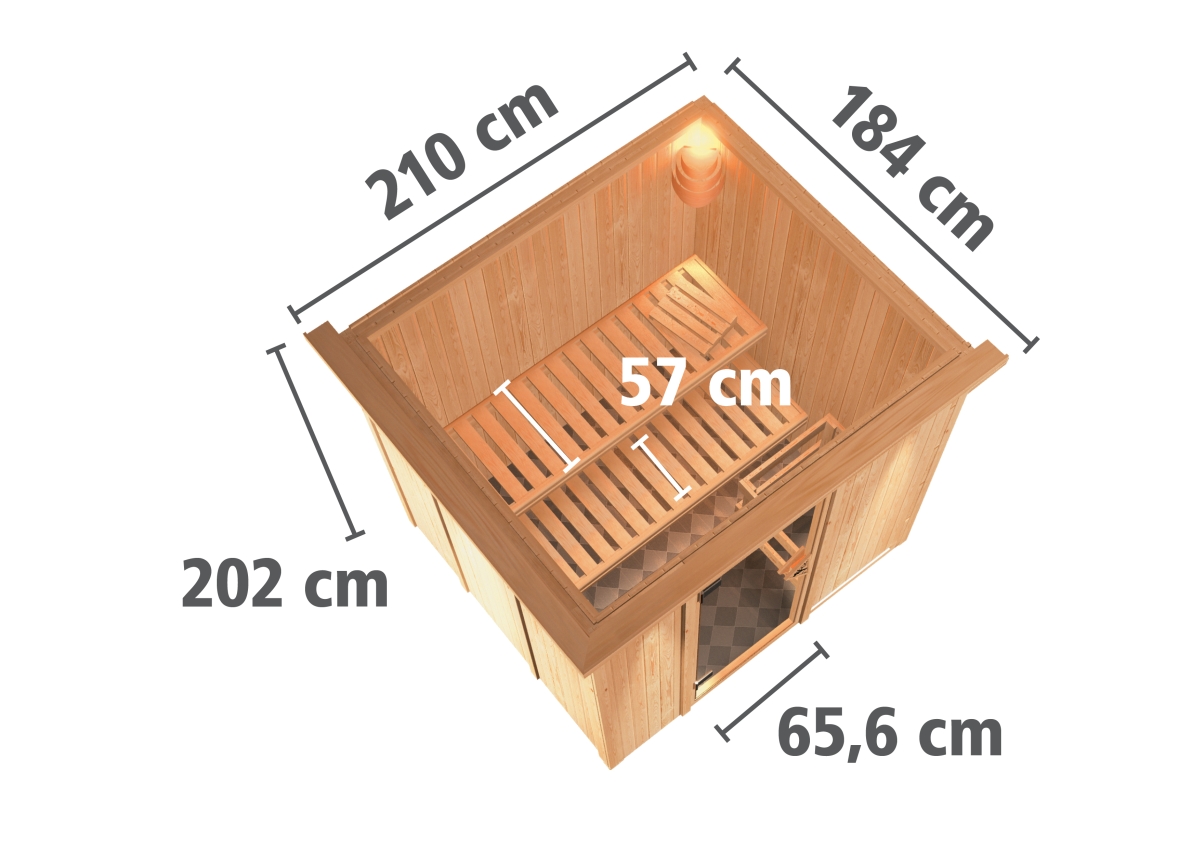 Karibu Plug & Play Sauna Daria - 196x170 cm, 68 mm Systemsauna  | Tür Klarglas | PnP-Ofen mit ext. Steuerung