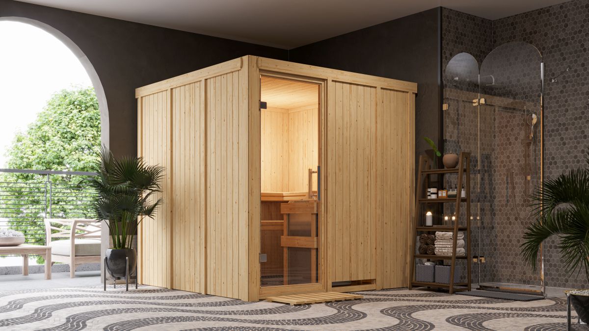 Karibu Sauna Rodin - 196x196 cm, 68 mm Systemsauna |  Tür Klarglas | ohne Ofen