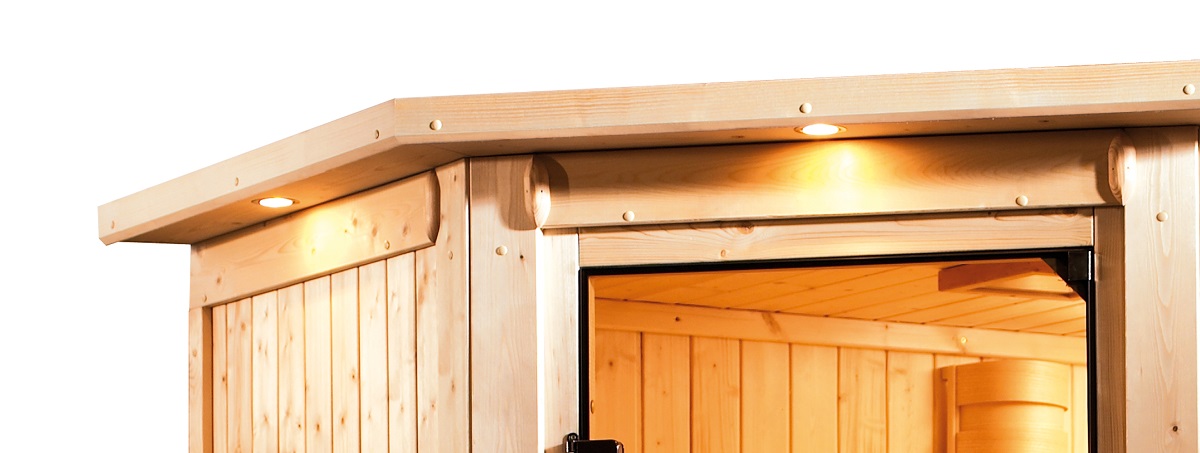 Karibu Energiespar-Sauna Caspin GREEN POWER - 196x151 cm, 68 mm Systemsauna mit Dachkranz | PnP-Ofen finnisch mit integr. Steuerung