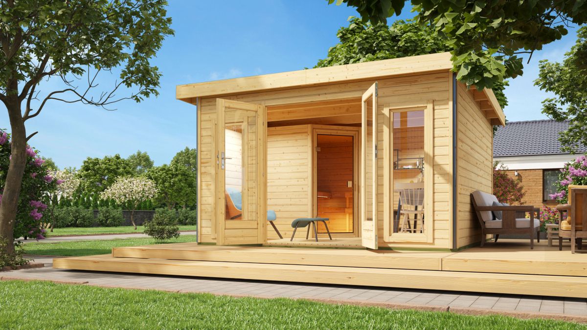 Saunahaus Mainburg 3 Set 0 - 369x369 cm, 38mm Holz natur | ohne Ofen