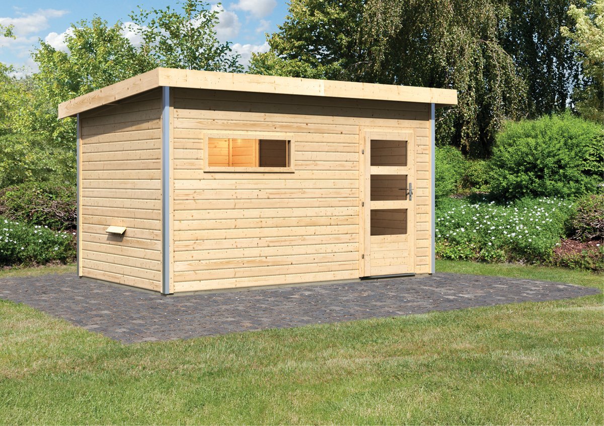 Karibu Saunahaus Skrollan 3 - 396x231 cm, 38 mm naturbelassen | Tür modern | ohne Ofen