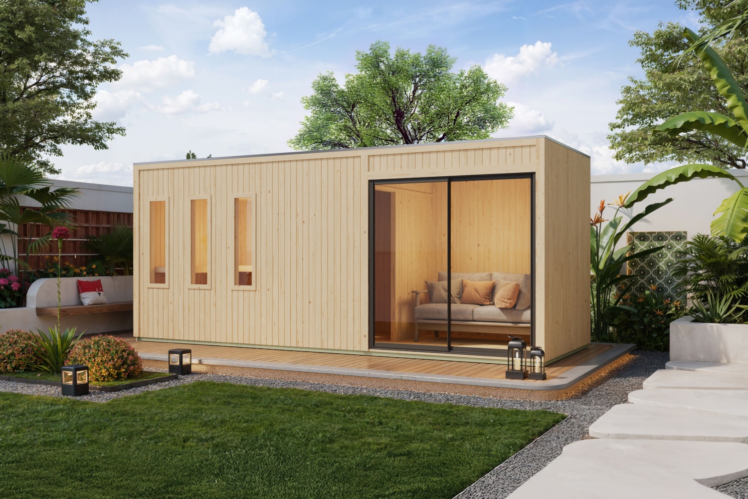 Saunahaus Monterey - 574x216 cm, 73 mm Flachdachhaus naturbelassen|ohne Ofen