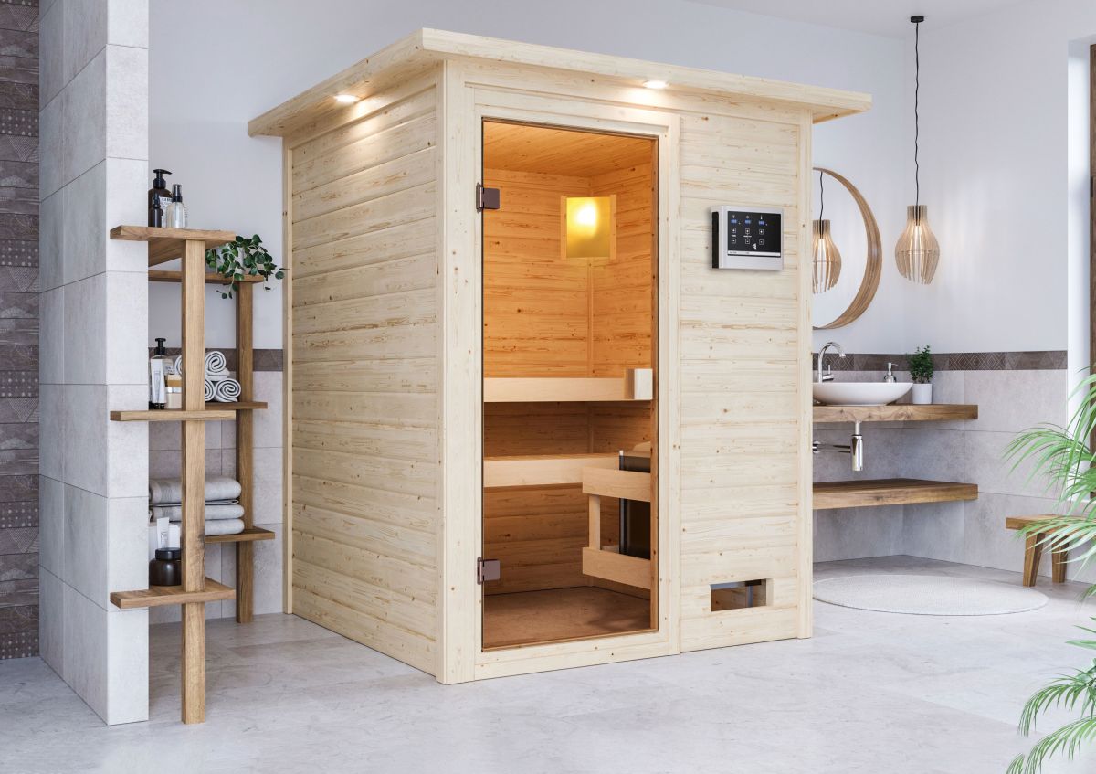 Karibu Sauna Sandra - 145x145 cm, 38 mm Massivholz-Niedrigsauna