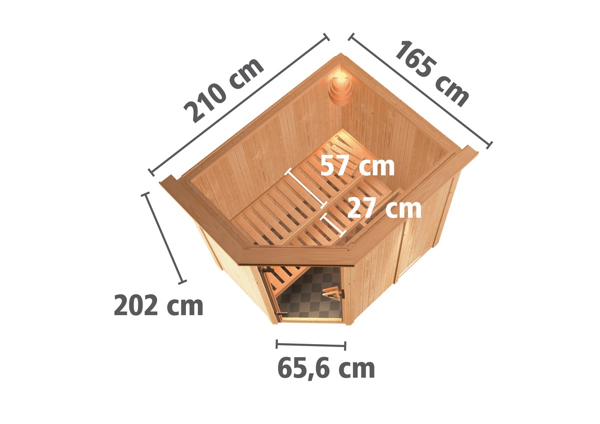 Karibu Energiespar-Sauna Caspin GREEN POWER - 196x151 cm, 68 mm Systemsauna mit Dachkranz | PnP-Ofen finnisch mit integr. Steuerung