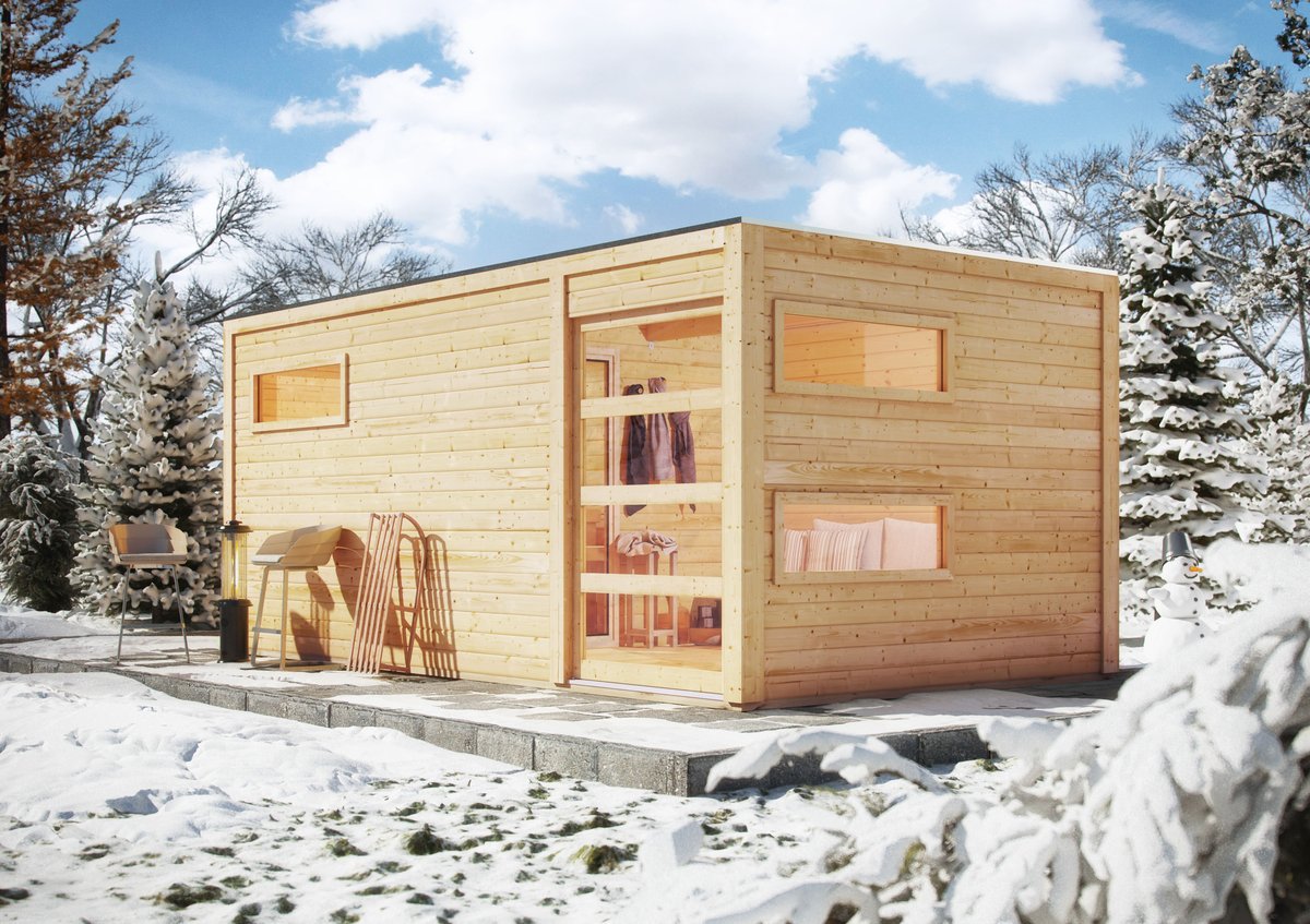Karibu Saunahaus Hygge - 508 x 276 cm, 38 mm Massivholz, naturbelassen|ohne Ofen