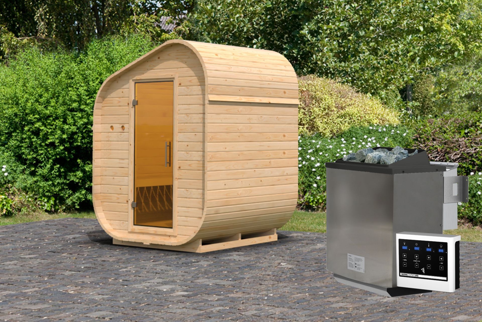Fasssauna asymmetrisch 1 - 199x175 cm, 38 mm Gartensauna | Bio-Ofen 9 kw mit ext. Steuerung