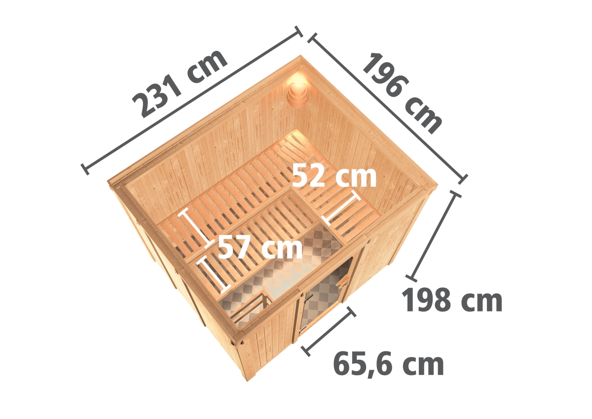 Karibu Sauna Gobin - 231x196 cm, 68 mm Systemsauna | Glastür graphit | ohne Ofen