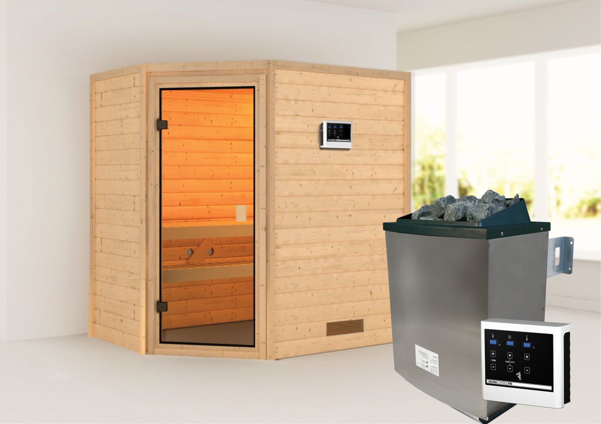 Karibu Sauna Jella - 195 x 145 cm, 38 mm Massivholz | Ofen 9 kW mit ext. Steuerung