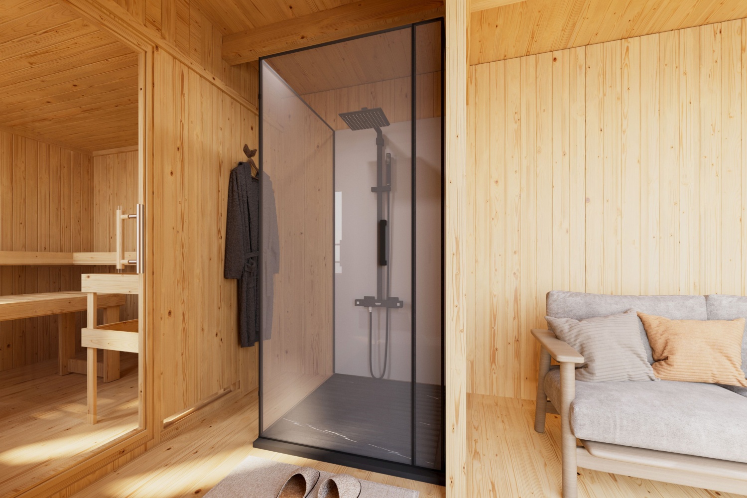 Saunahaus Monterey - 574x216 cm, 73 mm Flachdachhaus naturbelassen|ohne Ofen
