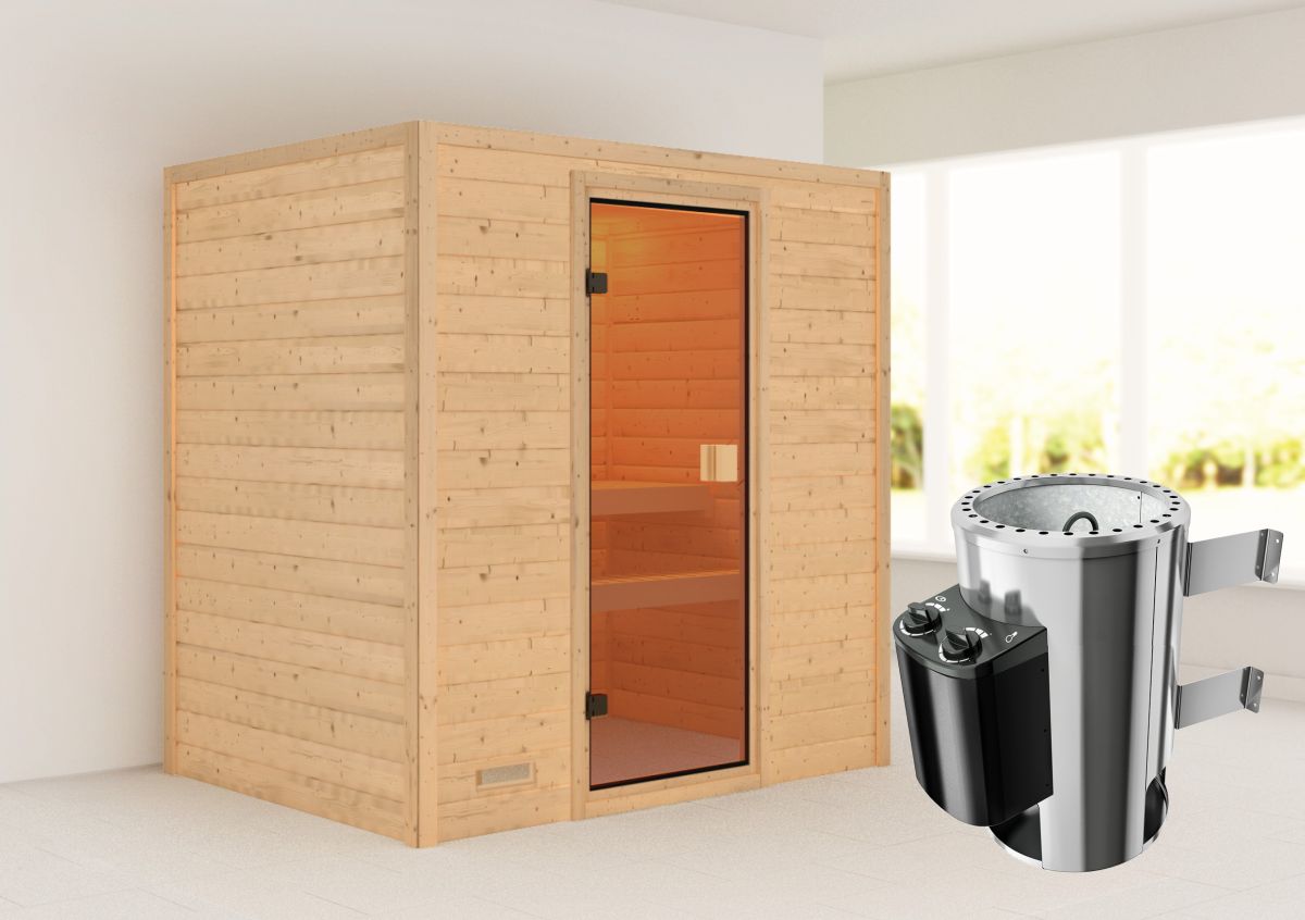 Karibu Sauna Selena - 195 x 145 cm, 38 mm Massivholz | PnP-Ofen mit integr. Steuerung