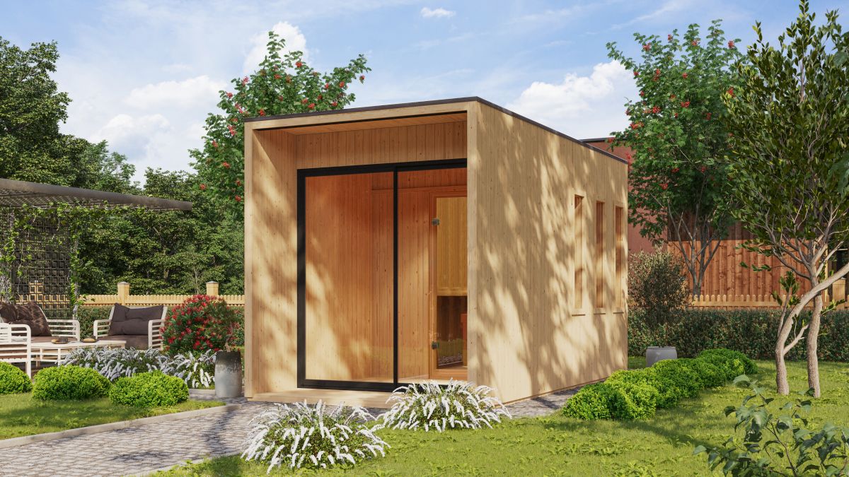 Karibu Saunahaus Miramar - 220x429 cm, 73 mm Flachdachhaus naturbelassen | ohne Ofen