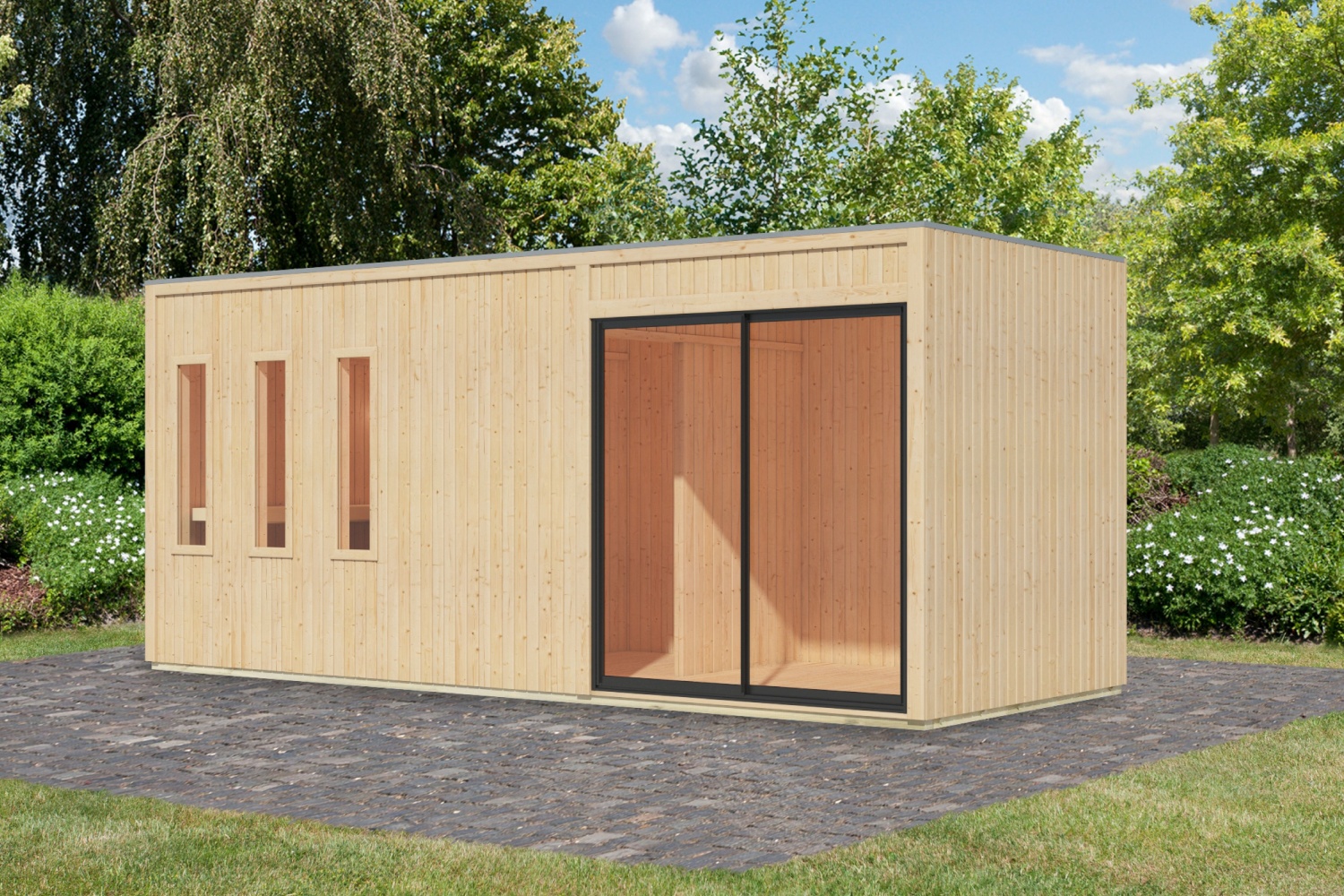Saunahaus Monterey - 574x216 cm, 73 mm Flachdachhaus naturbelassen|ohne Ofen
