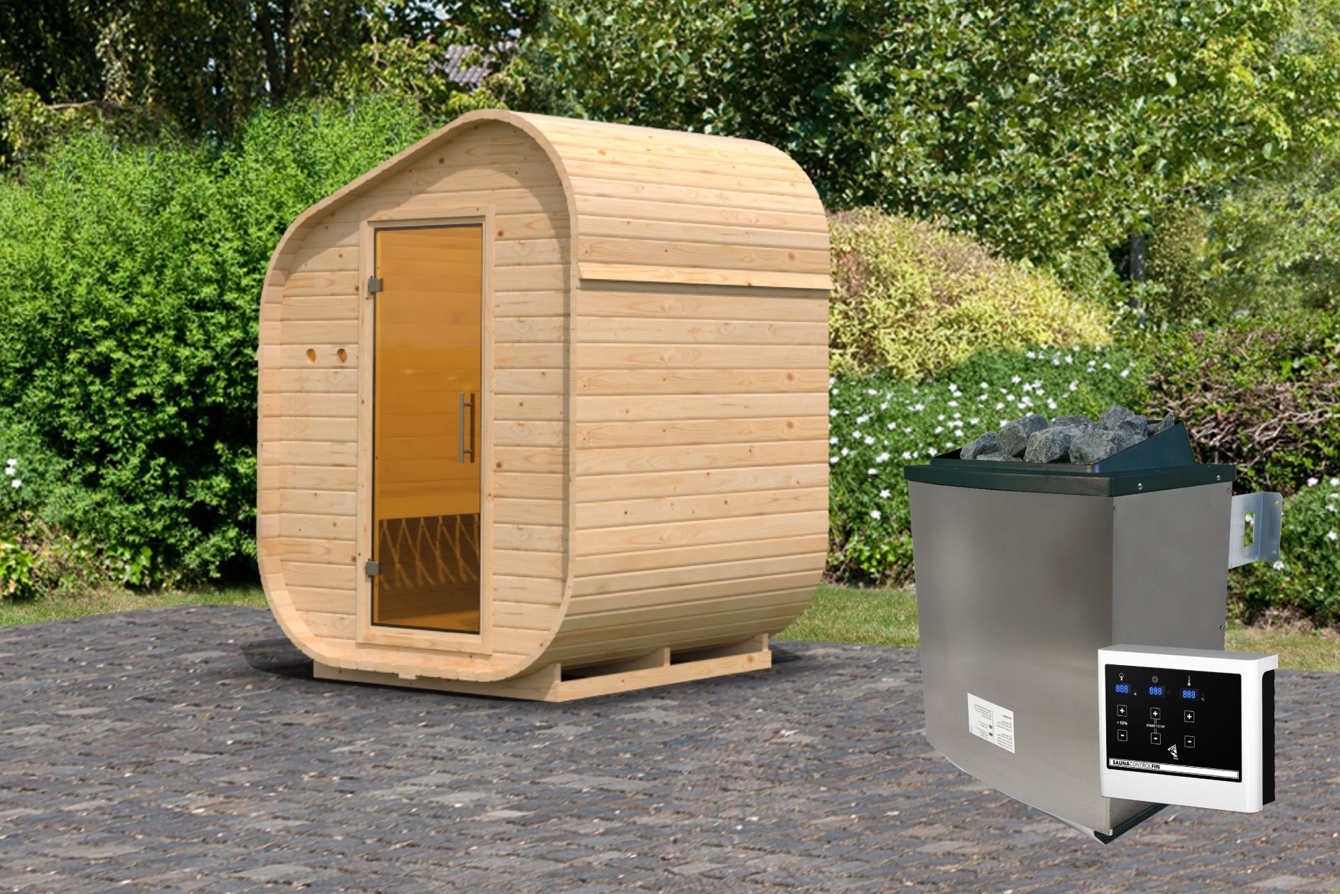 Fasssauna asymmetrisch 1 - 199x175 cm, 38 mm Gartensauna | Ofen 9 kw mit ext. Steuerung