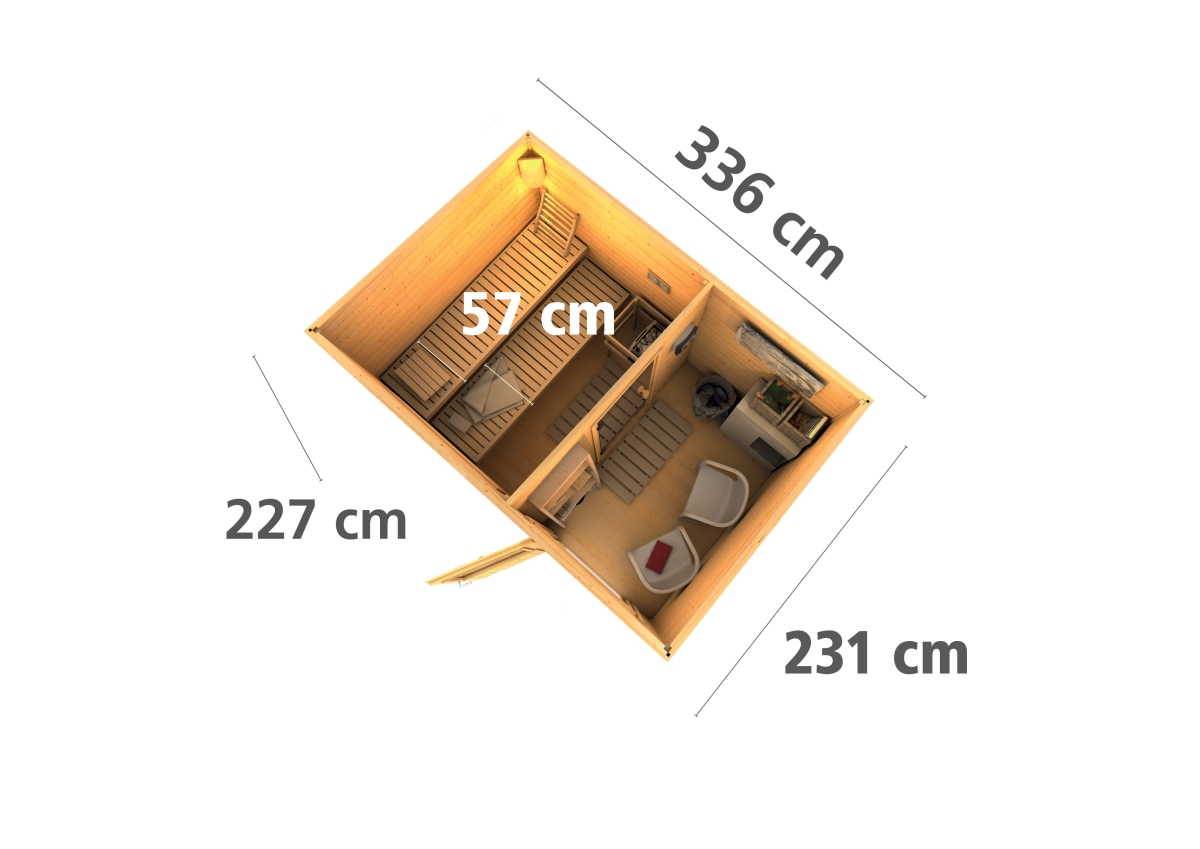 Karibu Saunahaus Skrollan 2 - 336x231 cm, 38 mm natur | Tür Milchglas | ohne Ofen