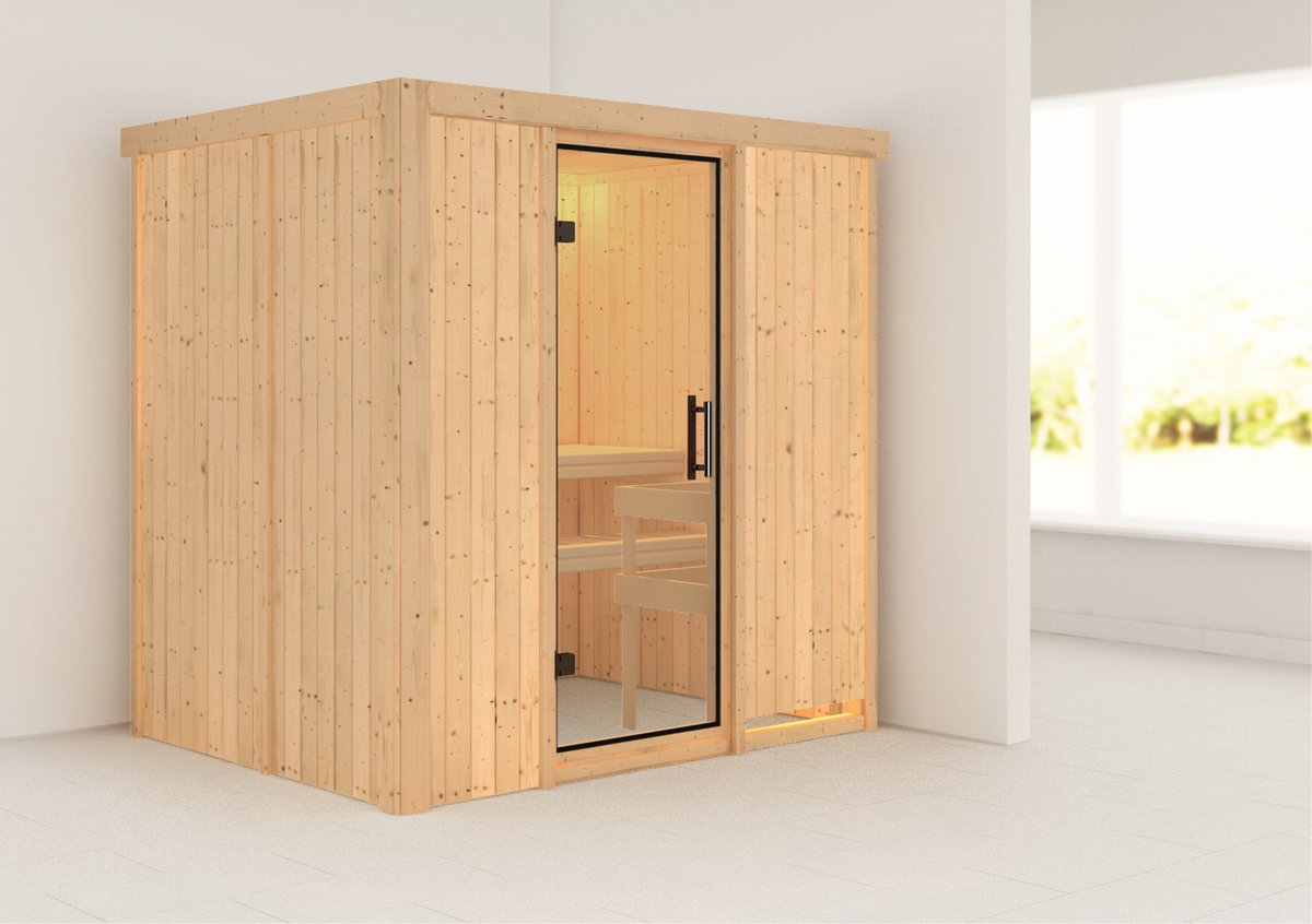 Karibu Plug & Play Sauna Fanja - 196x151 cm, 68 mm Systemsauna, ohne Kranz|Tür Klarglas|ohne Ofen