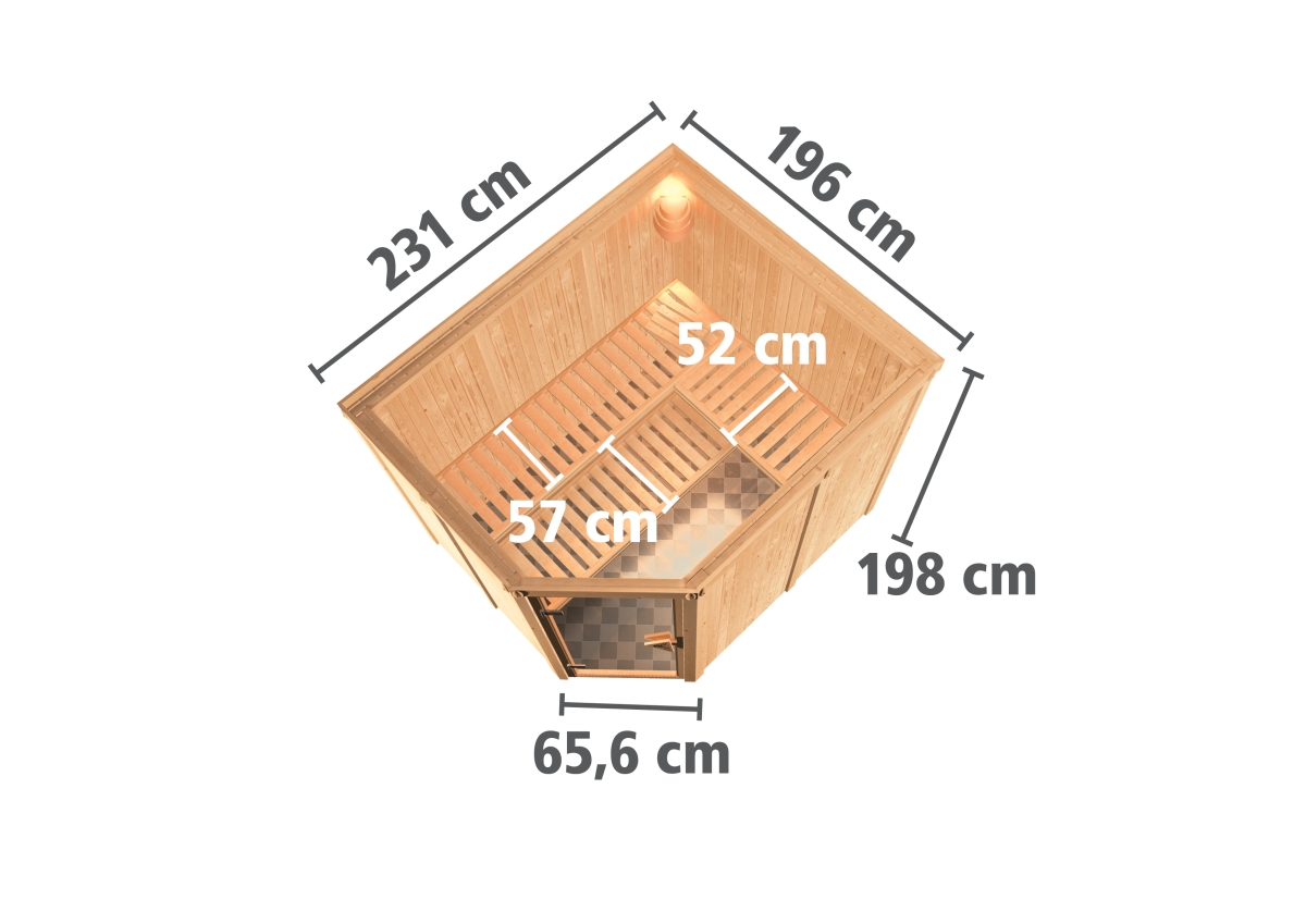 Karibu Sauna Malin - 231x196 cm, 68 mm Systemsauna  | Glastür bronziert | ohne Ofen