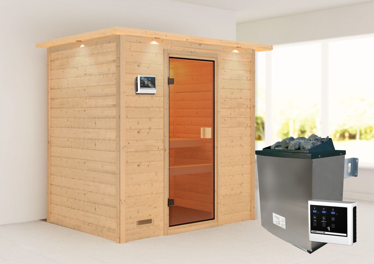 Karibu Sauna Selena - 195 x 145 cm, 38 mm Massivholz mit Kranz | Ofen 9 kW mit ext. Steuerung