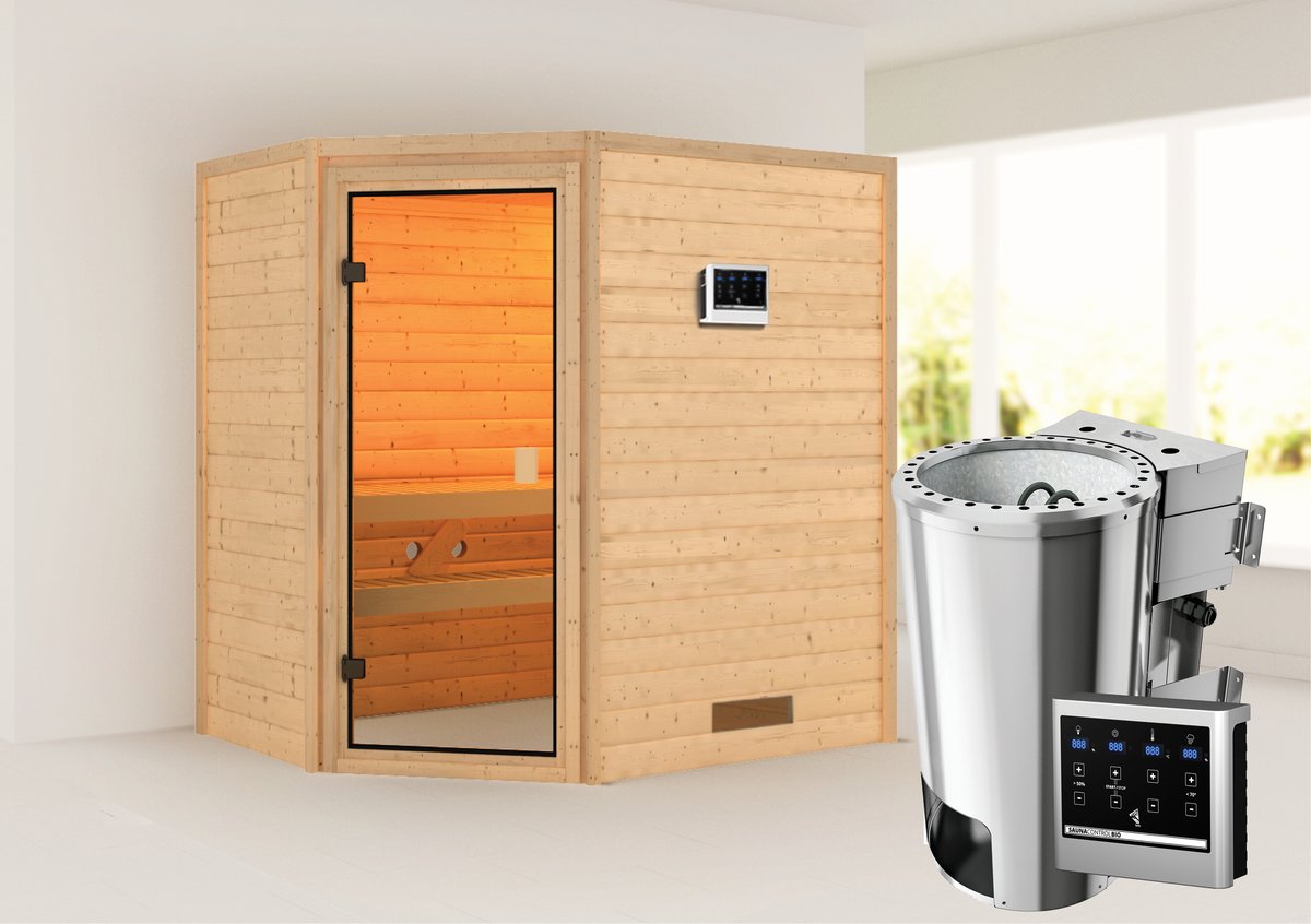 Karibu Sauna Jella - 195 x 145 cm, 38 mm Massivholz | Bio PnP-Ofen mit ext. Steuerung