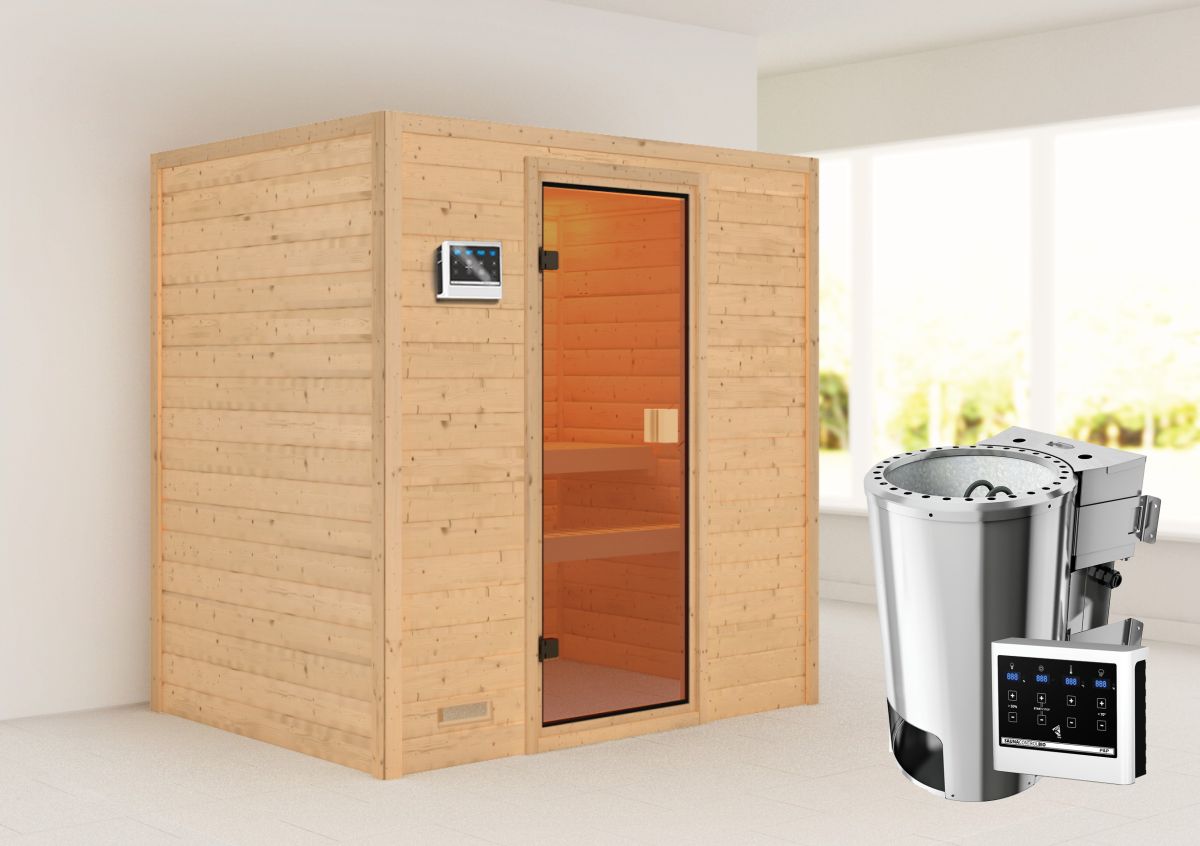 Karibu Sauna Selena - 195 x 145 cm, 38 mm Massivholz | Bio PnP-Ofen