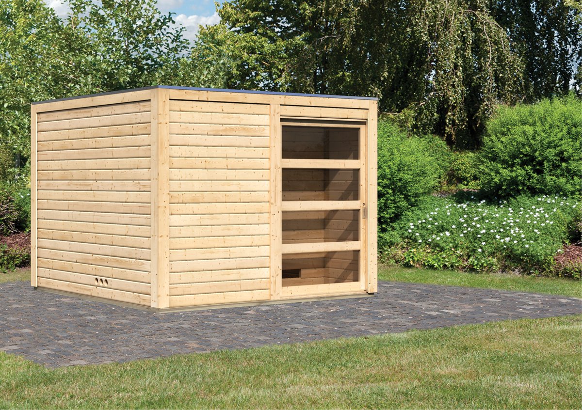 Karibu Saunahaus Cuben - 276 x 276 cm, 38 mm Massivholz, naturbelassen | ohne Ofen