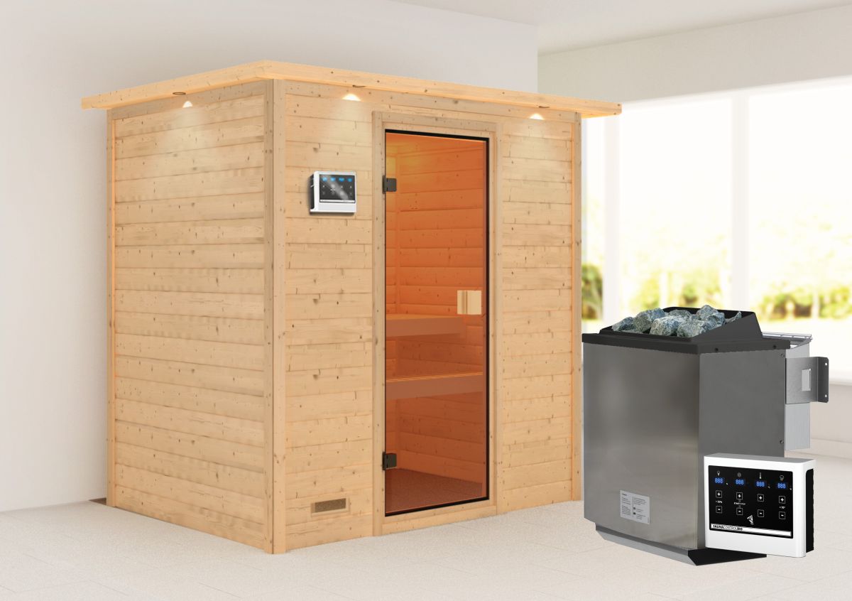 Karibu Sauna Selena - 195 x 145 cm, 38 mm Massivholz mit Kranz | Bio-Ofen 9 kW mit ext. Steuerung