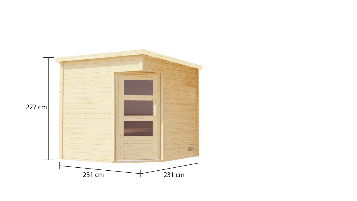 Karibu Eck-Saunahaus Pelle - 231x231 cm, 38 mm Gartensauna naturbelassen | ohne Ofen