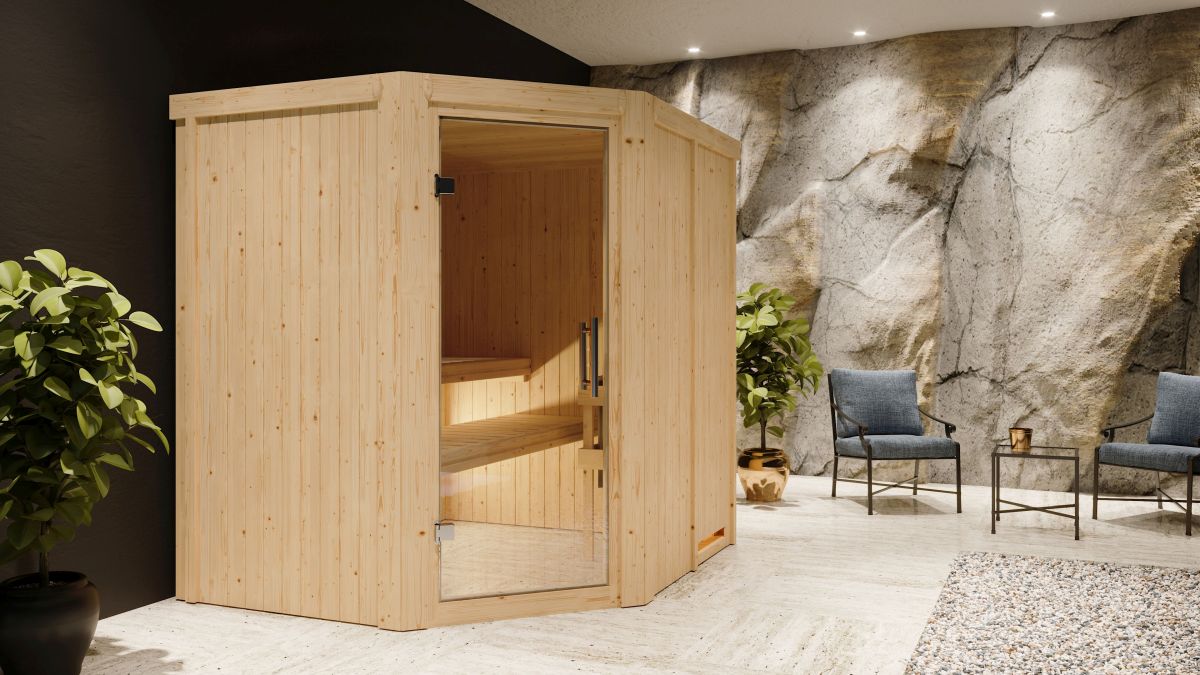 Karibu Sauna Siirin - 196x170 cm, 68 mm Systemsauna | Tür Klarglas | ohne Ofen