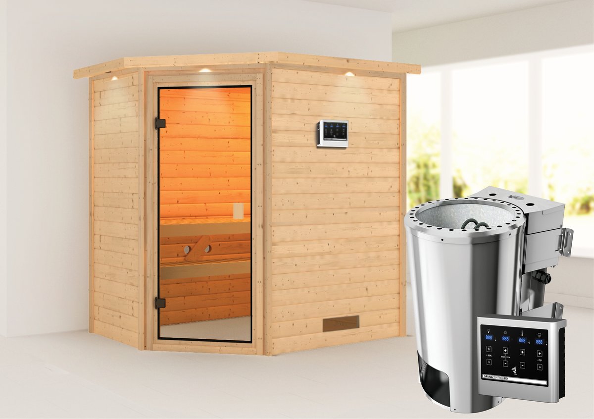Karibu Sauna Jella - 195 x 145 cm, 38 mm Massivholz mit Kranz | Bio PnP-Ofen mit ext. Steuerung