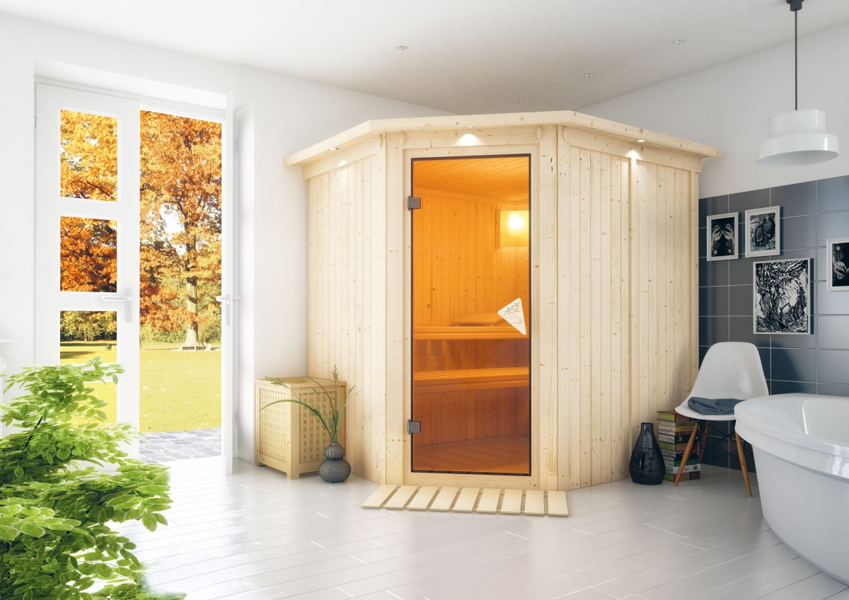 Karibu Plug & Play Sauna Lilja - 196x170 cm, 68 mm Systemsauna mit Kranz | Glastür bronziert | ohne Ofen