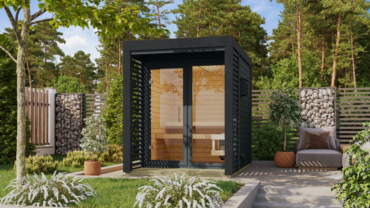Hybrid-Saunahaus Ares 1 - 191x276 cm, 38mm Außensauna anthrazit/anthrazit | ohne Ofen