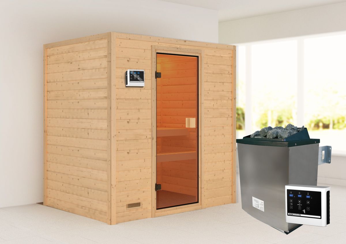 Karibu Sauna Selena - 195 x 145 cm, 38 mm Massivholz | Ofen 9 kW mit ext. Steuerung