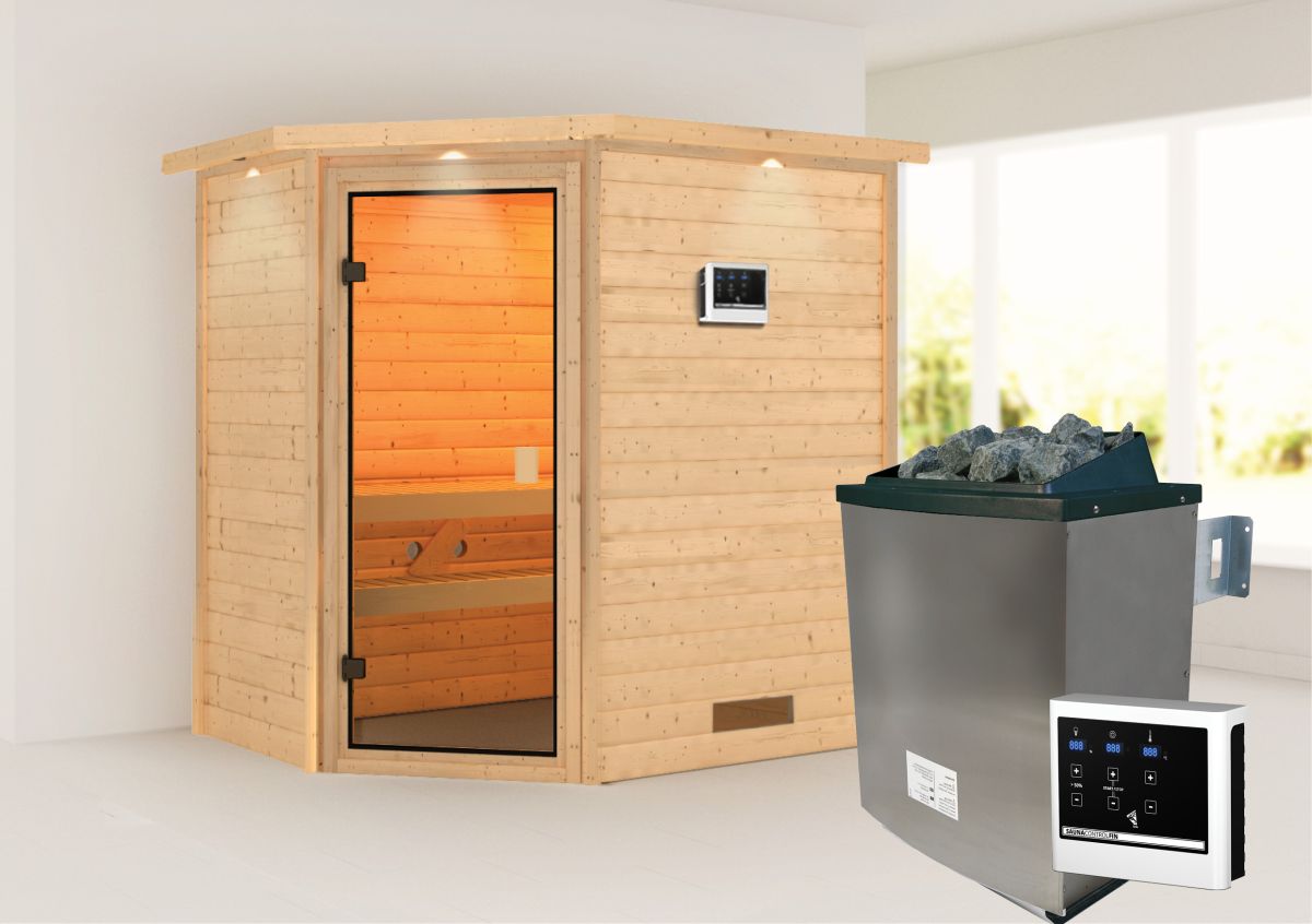 Karibu Sauna Jella - 195 x 145 cm, 38 mm Massivholz mit Kranz | Ofen 9 kW mit ext. Steuerung