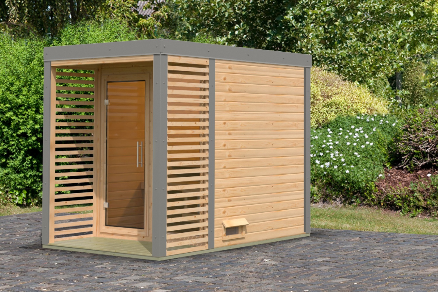 Hybrid-Saunahaus Ares 1 - 191x276 cm, 38mm Außensauna natur/graualuminium | ohne Ofen