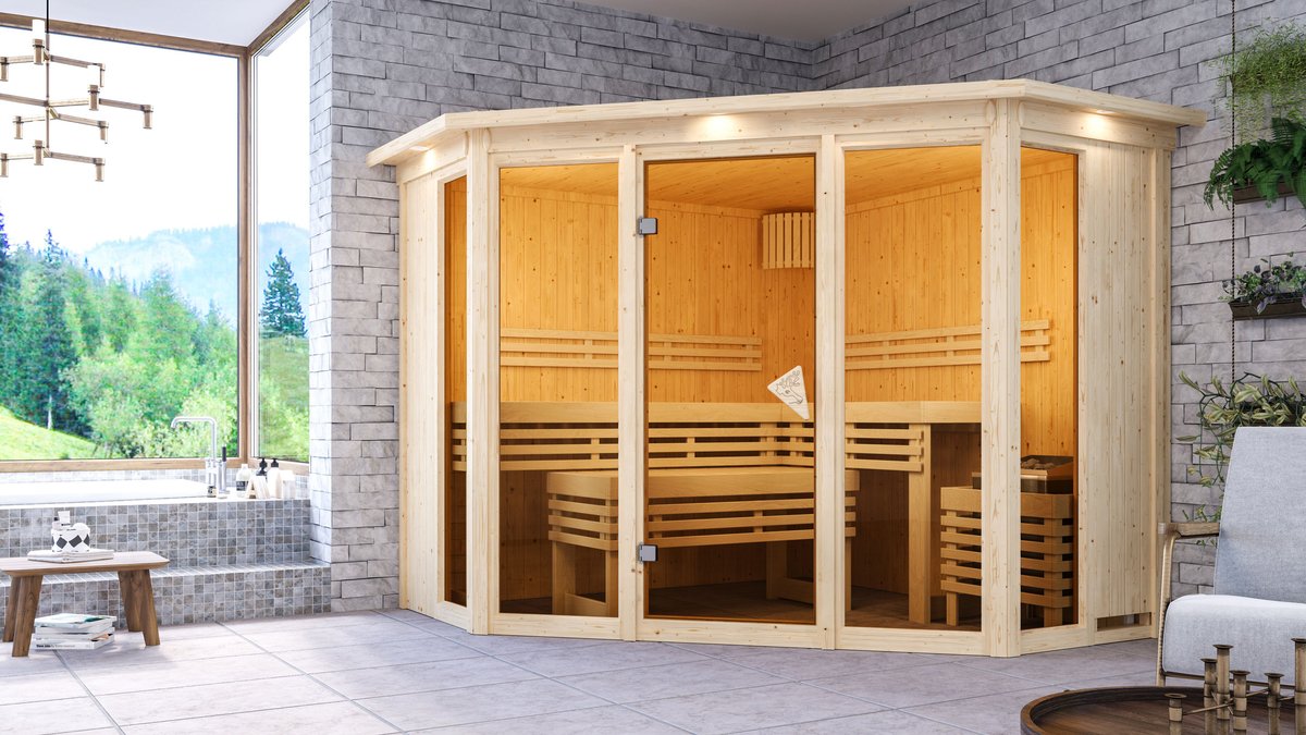 Karibu 5-Eck-Sauna Alcinda - 231x231 cm, 68 mm Systemsauna mit Kranz | Ofen 9 kW mit integr. Steuerung