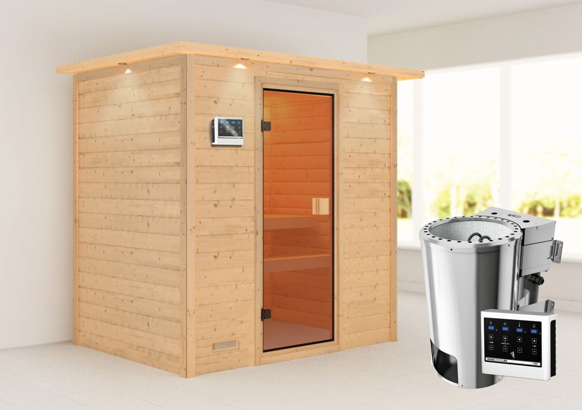 Karibu Sauna Selena - 195 x 145 cm, 38 mm Massivholz mit Kranz | Bio PnP-Ofen